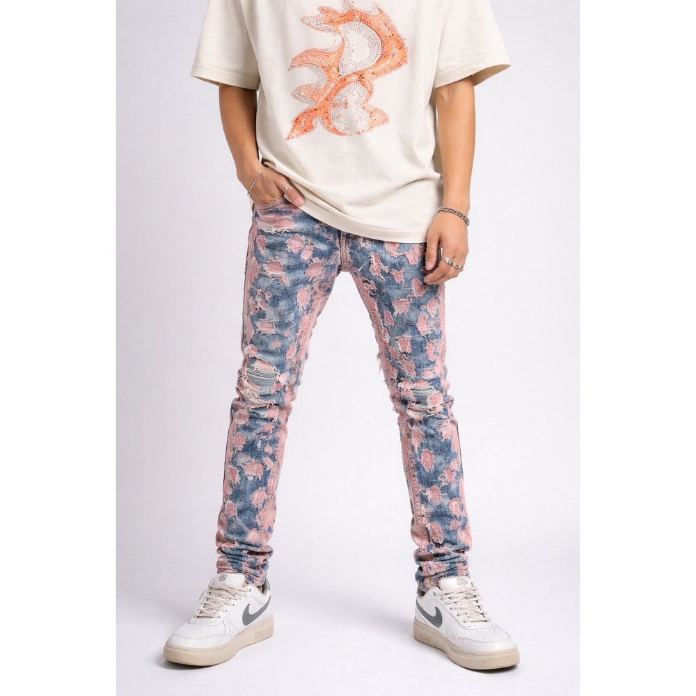 Focus Jeans Mens W30 Pink Blue Distressed Frayed Denim Streetwear Pants